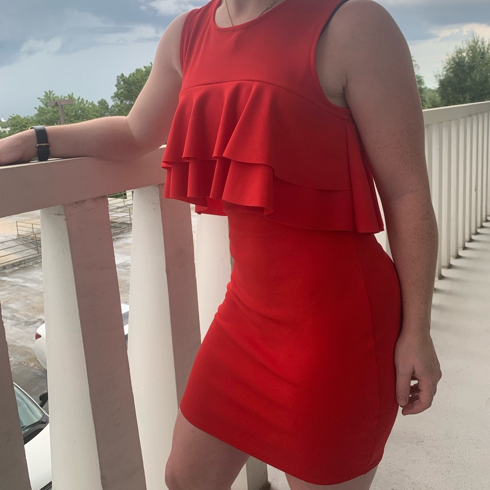 Red Mini Dress with Ruffled Top